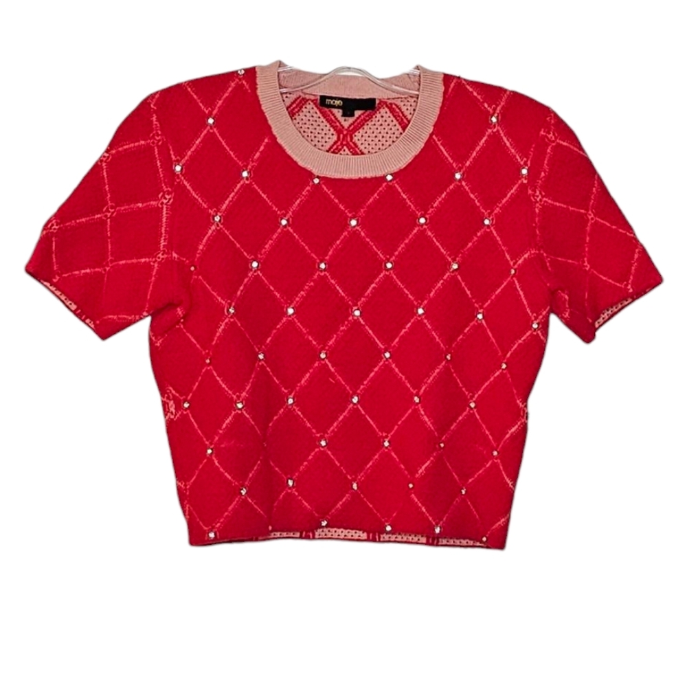 Maje Red Pink Diamond Fleece Quilt Short Sleeve Crop Top w Rhinestones size 1 - Picture 3 of 11